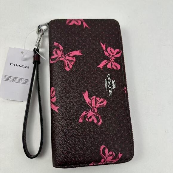 Coach Long Zip Around Wallet Signature Canvas Bow Print Silver/Merlot CZ327 - Picture 3 of 10